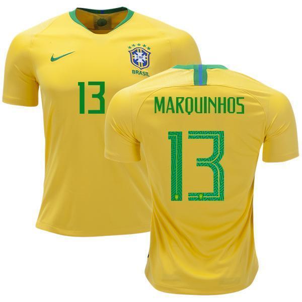 Men #13 Marquinhos Jersey Home Brazil National 2018 FIFA World Cup